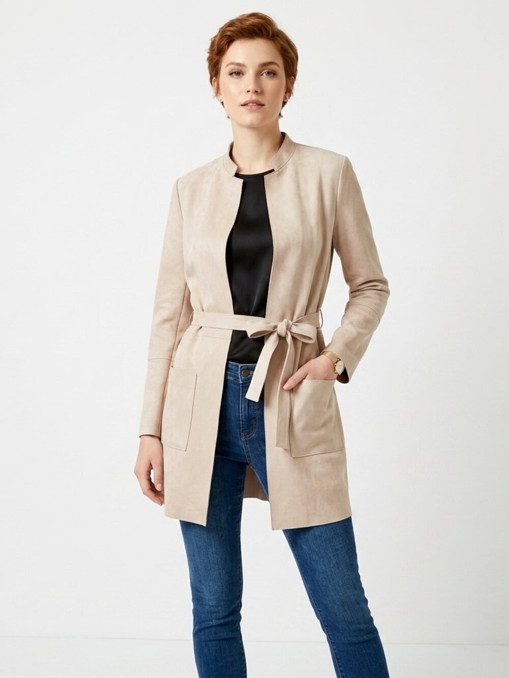 H&M Blush Pink Faux Suede Belted Jacket Coat Sz 6 - Picture 2 of 14